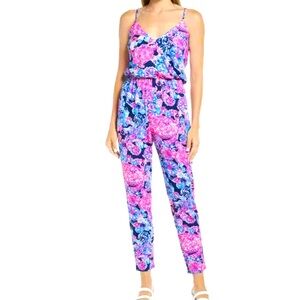 Lilly Pulitzer Dante Jumpsuit Navy Pink Medium High Tide Turtle Amazement Floral